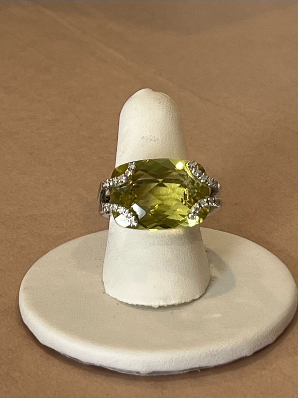 14K White Gold East-West Lemon Quartz Statement Ring with Pave Prongs